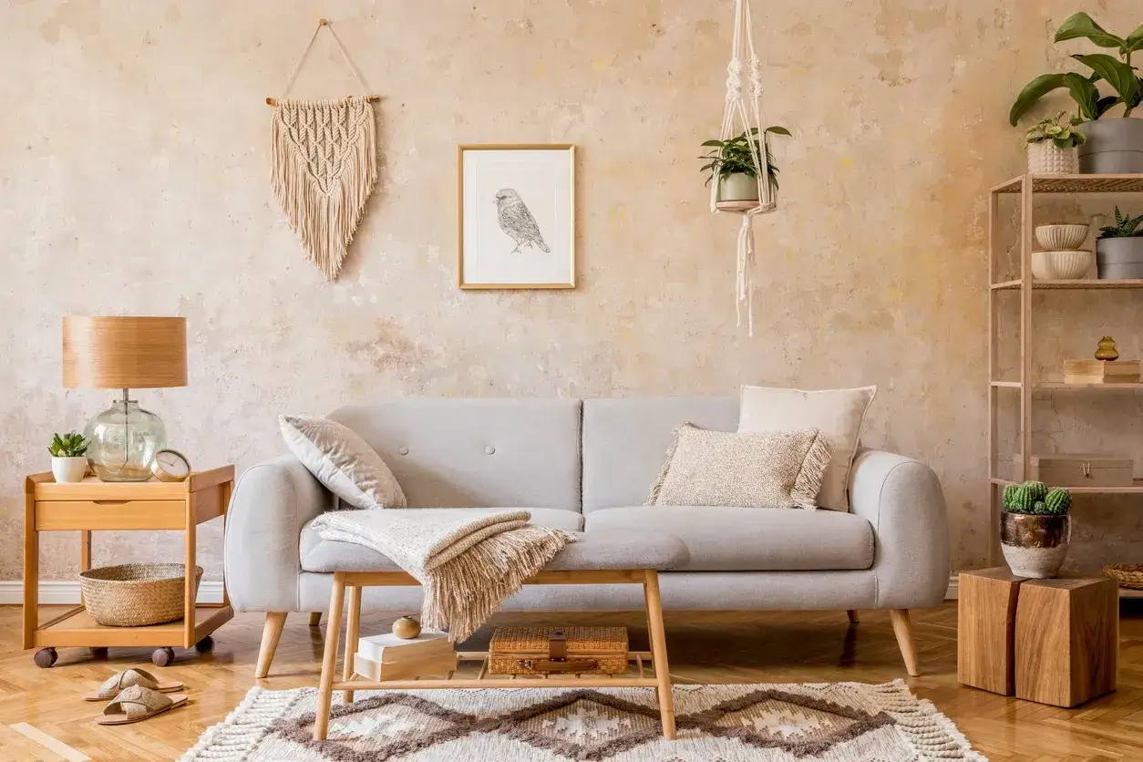 Przytulny, mały pokój w stylu boho z szarą kanapą, drewnianymi meblami i makramą na ścianie.