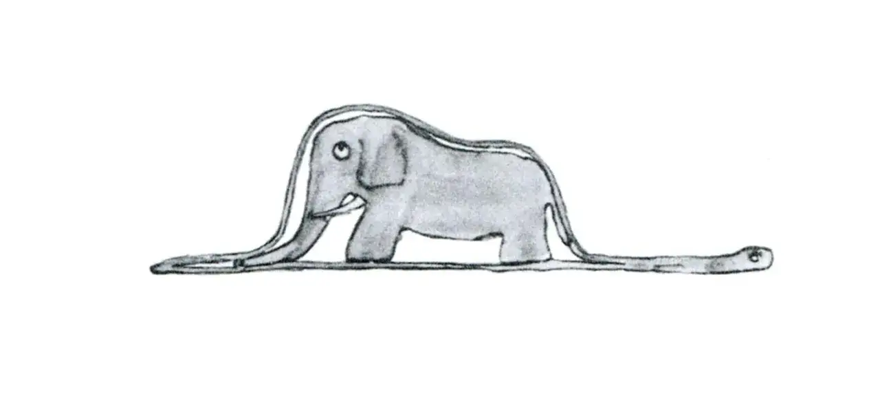 Słoń w boa, kt&oacute;ry pożarł słonia. Ilustracja oddaje charakterystykę małego księcia, kt&oacute;ry widzi więcej niż dorośli.