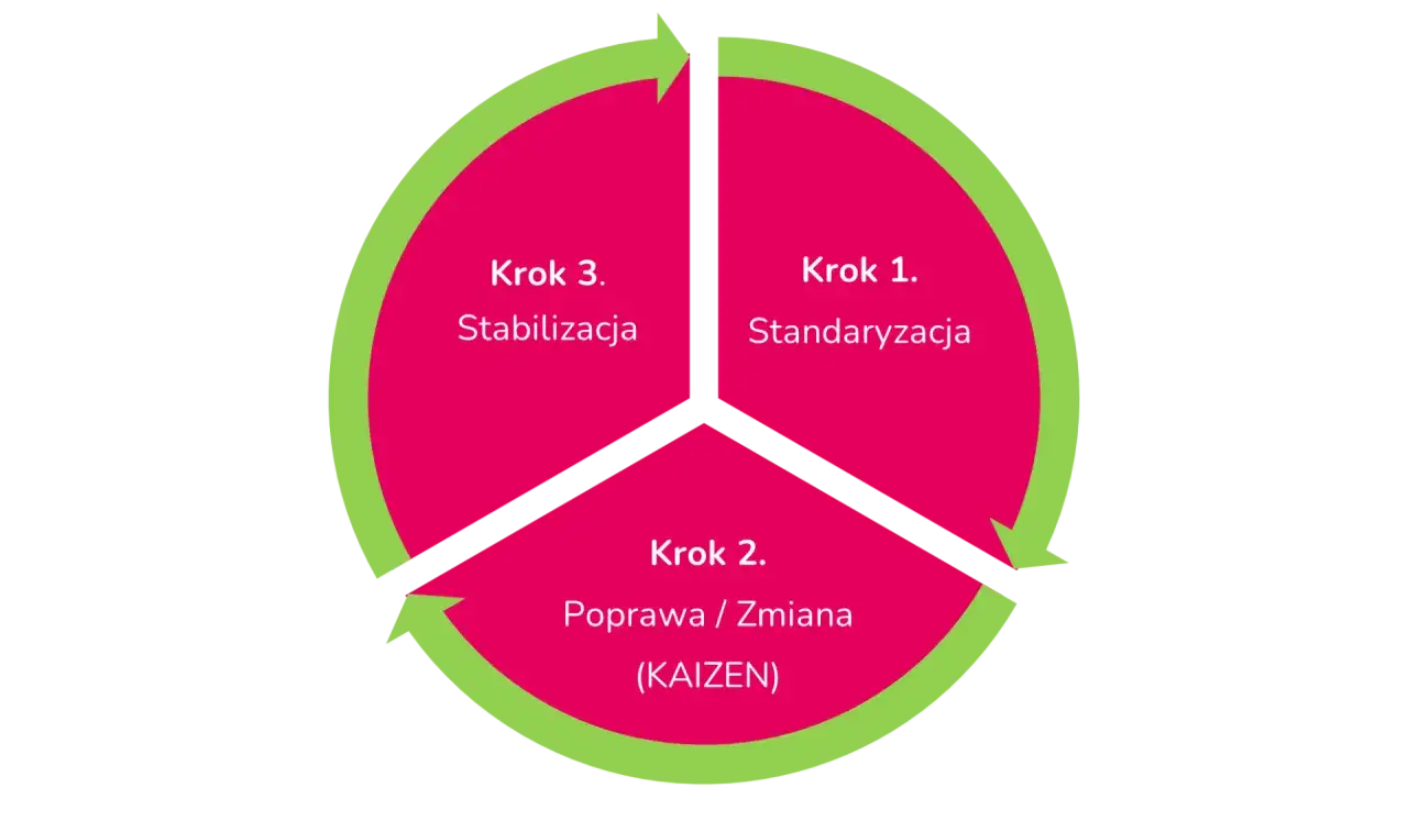 Cykl doskonalenia: Krok 1. Standaryzacja, Krok 2. Poprawa (Kaizen), Krok 3. Stabilizacja.