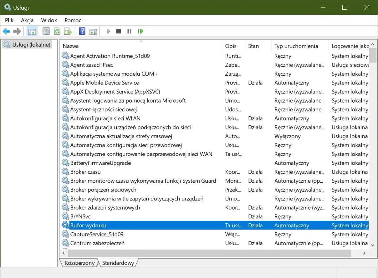 Windows usługi systemowe bufor wydruku