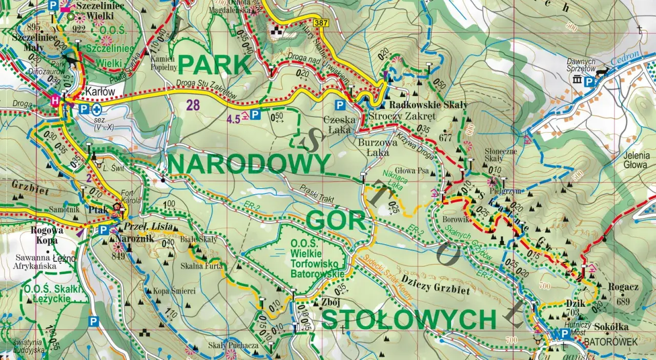 Mapa G&oacute;r Stołowych. Szukając noclegu, zwr&oacute;ć uwagę na Karł&oacute;w, Radkowskie Skały i Bator&oacute;wek.