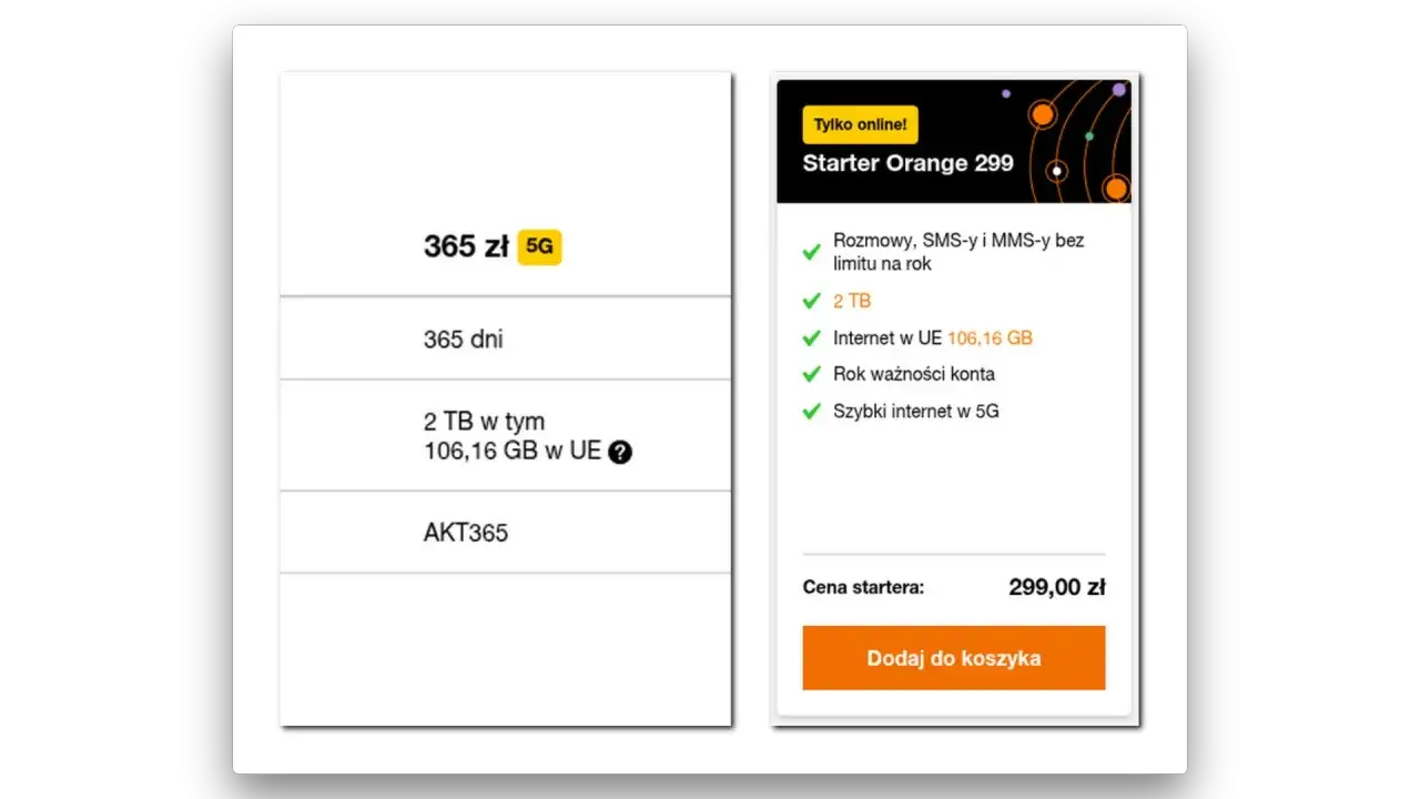 Starter Orange 299: 2 TB internetu, 106,16 GB w UE, rozmowy i SMS bez limitu. Nielimitowany internet w roamingu Orange na rok za 299 zł.