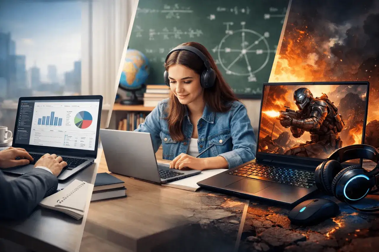 Dobry laptop powinien mieć parametry pozwalające na pracę i rozrywkę. Na ekranie widzimy analizę danych, naukę i grę.