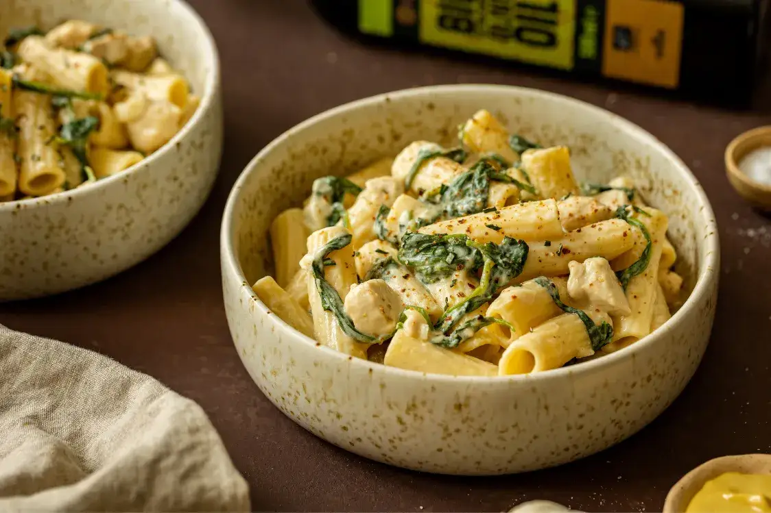 Zdjęcie Pyszny makaron penne z kurczakiem i szpinakiem w sosie śmietanowym