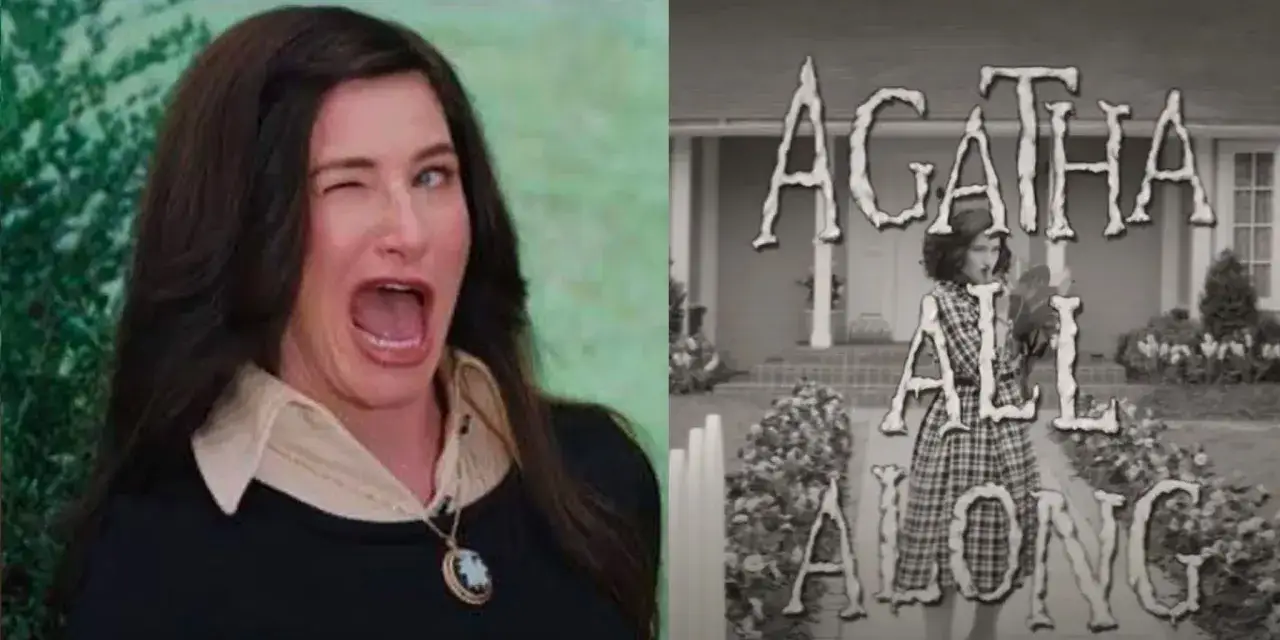 Agatha All Along! Wesoła Agatha puszcza oko, a obok tytuł serialu.