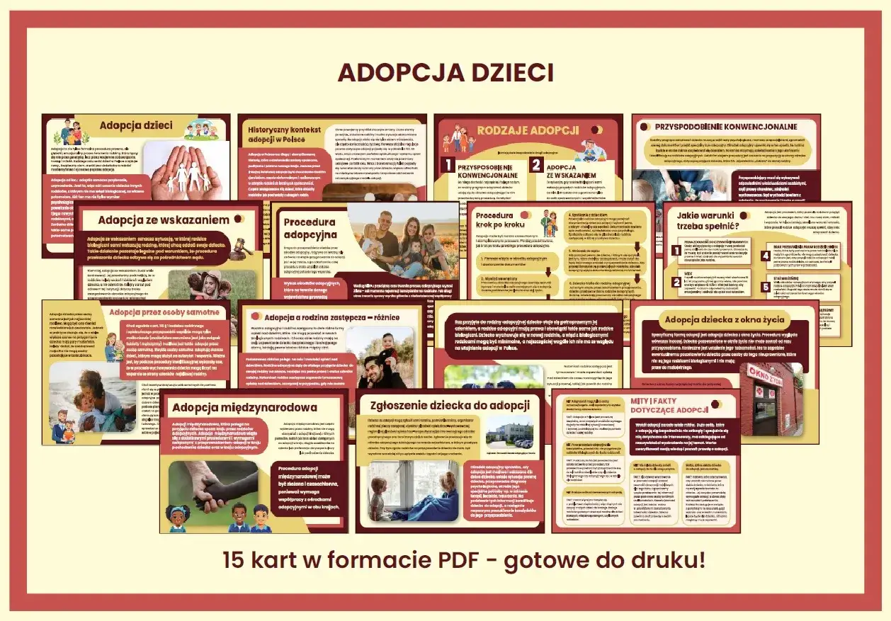 Zestaw 15 kart PDF o adopcji dzieci. Dowiedz się, ile trwa adopcja dziecka, jakie są procedury i rodzaje adopcji.