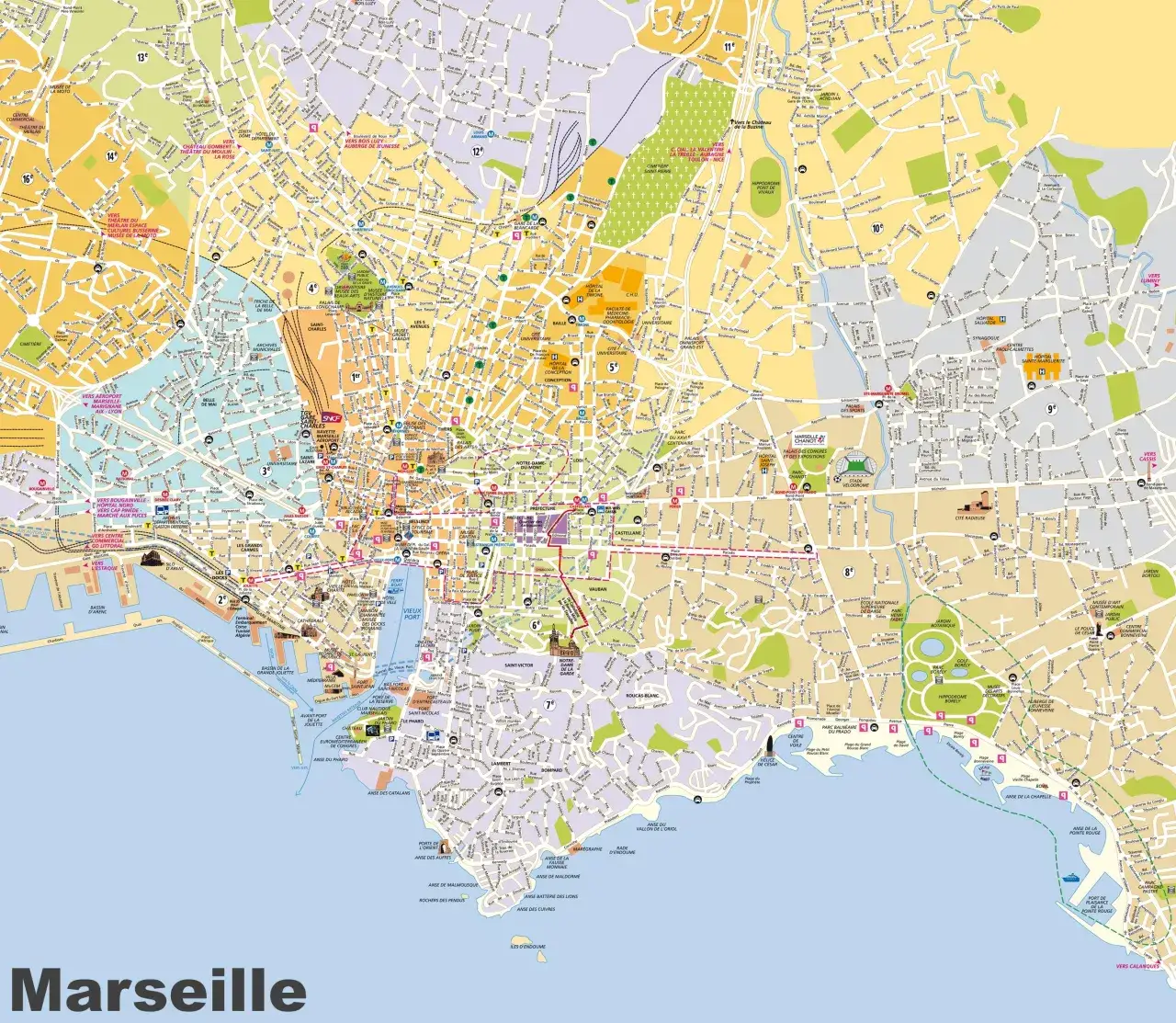Mapa Marsylii z zaznaczonymi dzielnicami turystycznymi i bezpiecznymi