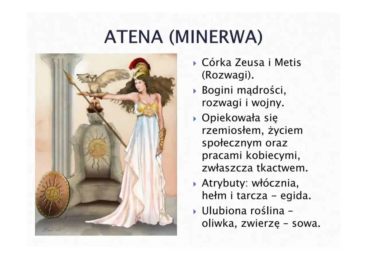 Atena (Minerwa), bogini mądrości i wojny, córka Zeusa. Wizerunek i kluczowe informacje o jej roli w mitologii Parandowskiego.