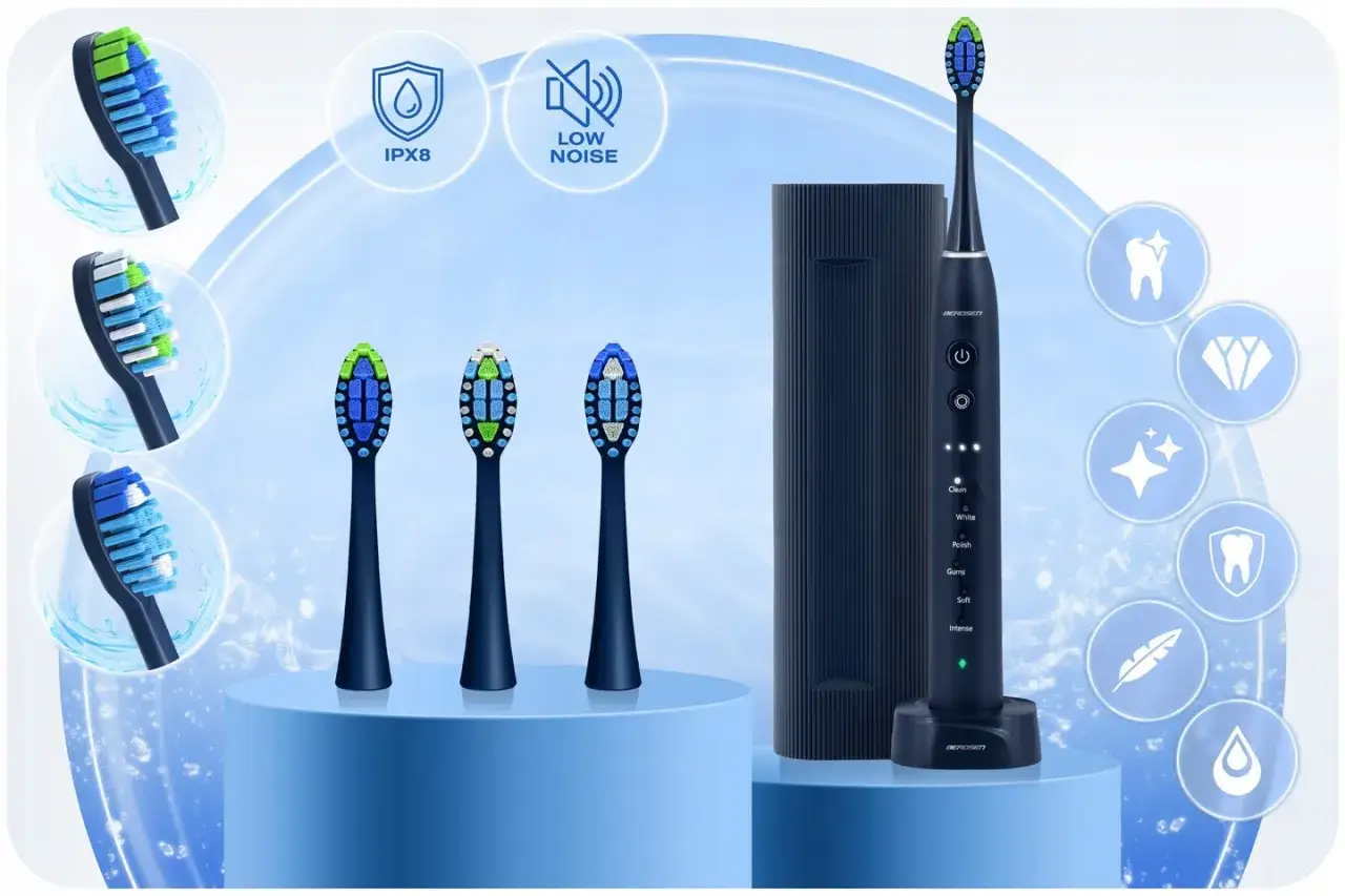 Zestaw do higieny jamy ustnej: szczoteczka soniczna, etui i wymienne końc&oacute;wki. Dowiedz się, jak myć zęby szczoteczką soniczną dla idealnej czystości.