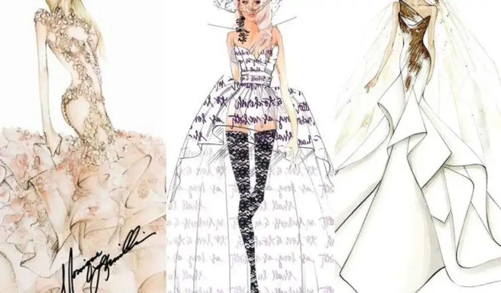 Kolaż inspiracji sukni ślubnych, moodboard z tkaninami i szkicami