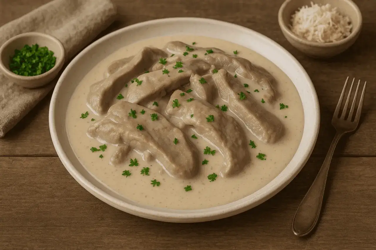 Pyszne danie z ozora wieprzowego w sosie, posypane natką. Dowiedz się, jak zdjąć skórę z ozora wieprzowego, by uzyskać taki efekt.