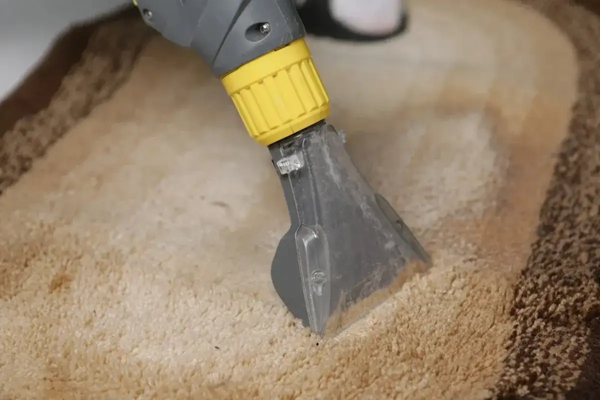 Odkurzacz czyści szarą wykładzinę dywanową, pokazując, jak wyczyścić wykładzinę dywanową.