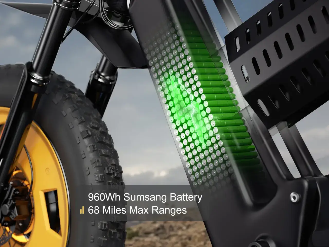 Wymiana baterii w rowerze elektrycznym: 960Wh Sumsang Battery zapewnia zasięg 68 mil.