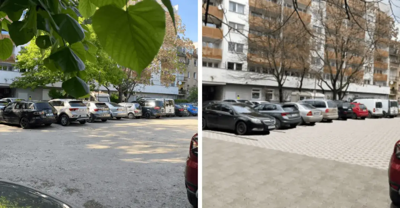 Na zdjęciu widać podwórko wspólnoty mieszkaniowej z zaparkowanymi samochodami.