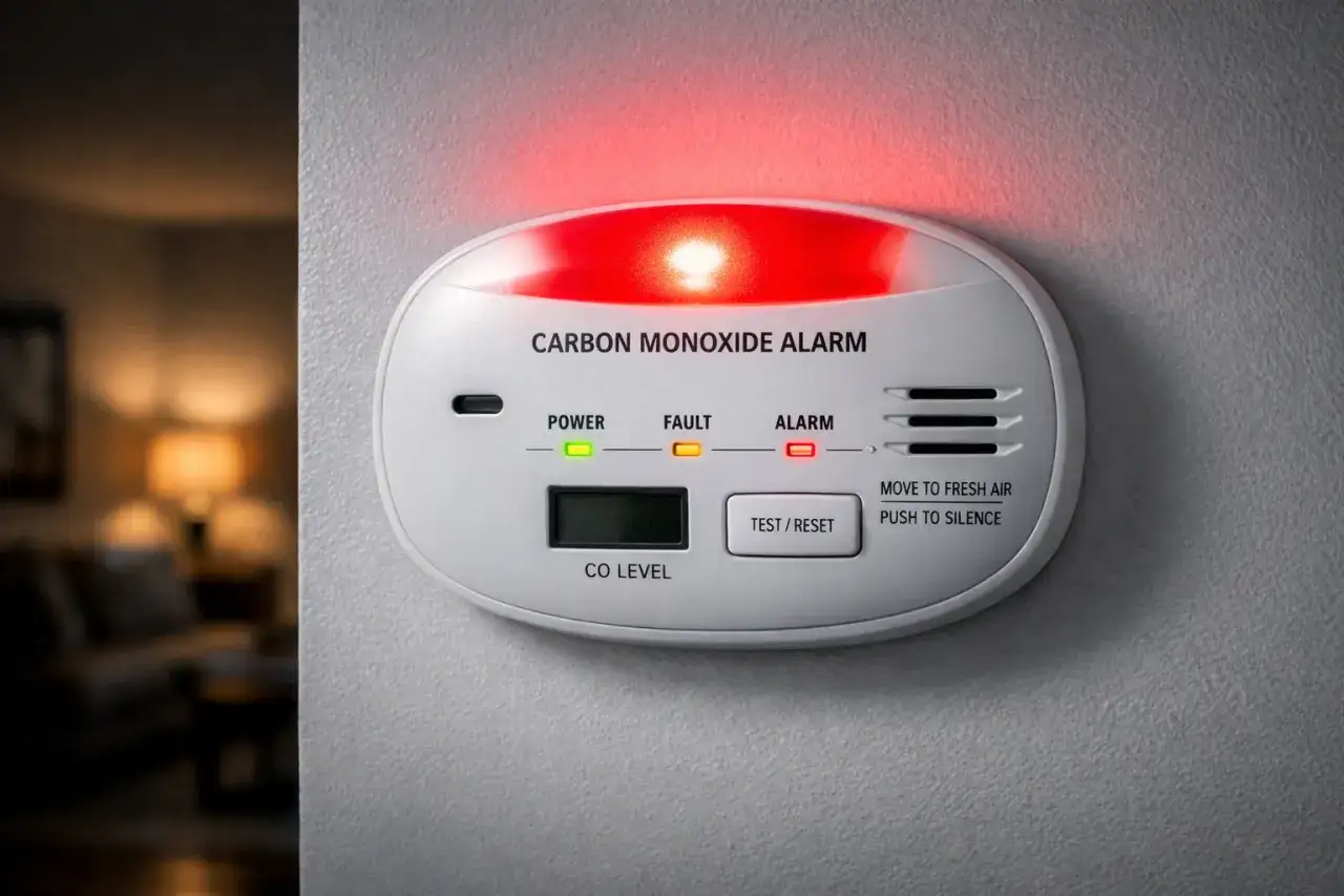 Czujnik czadu z migającą czerwoną diodą alarmu i pomarańczową diodą 