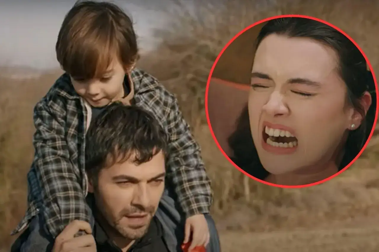 Ojciec z synkiem na barana i kobieta w czerwonym okręgu. Czy serial 