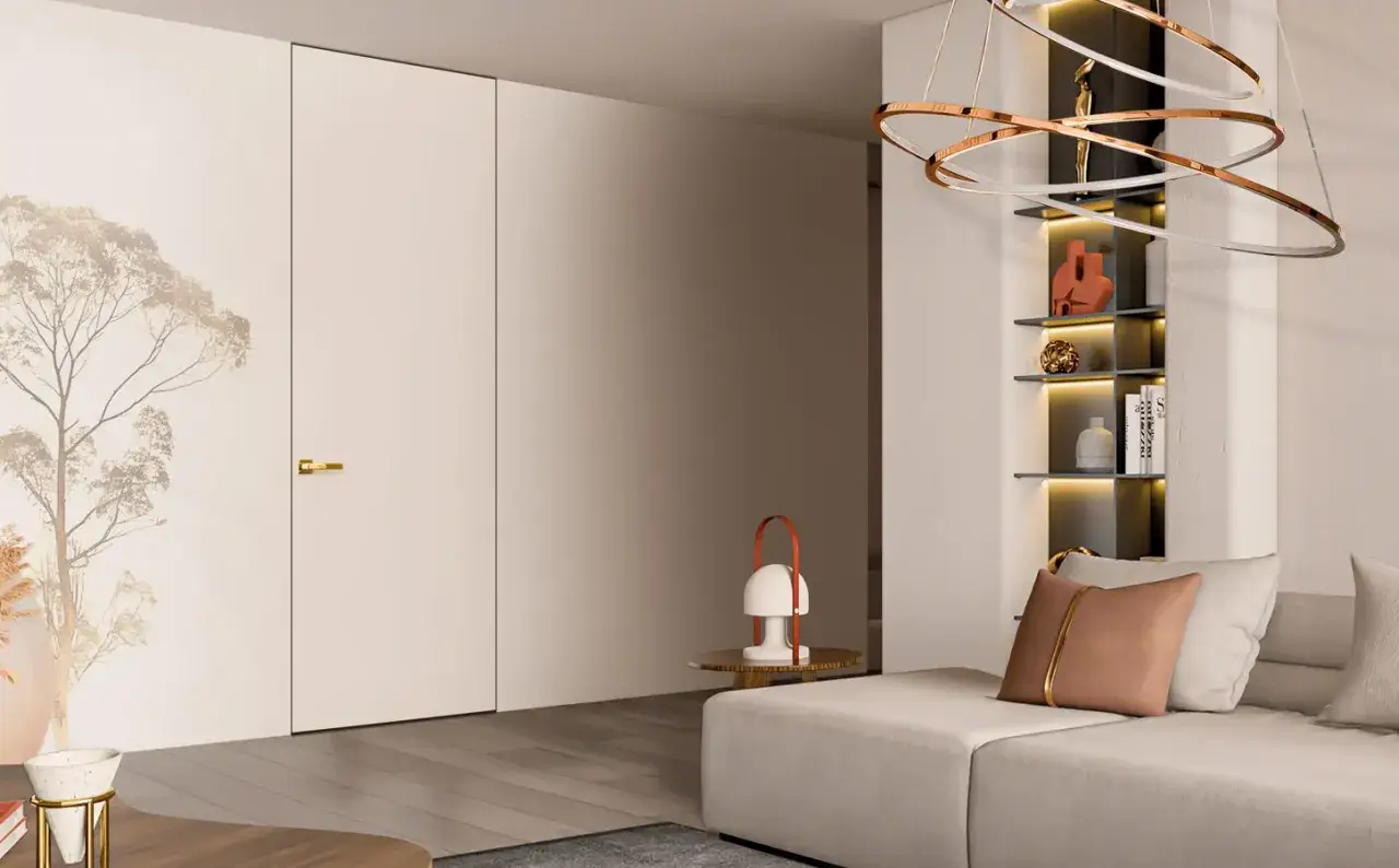 Nowoczesne drzwi ukryte w ścianie z subtelnym wzorem drzewa, idealne, by zamaskować drzwi i stworzyć spójną przestrzeń.