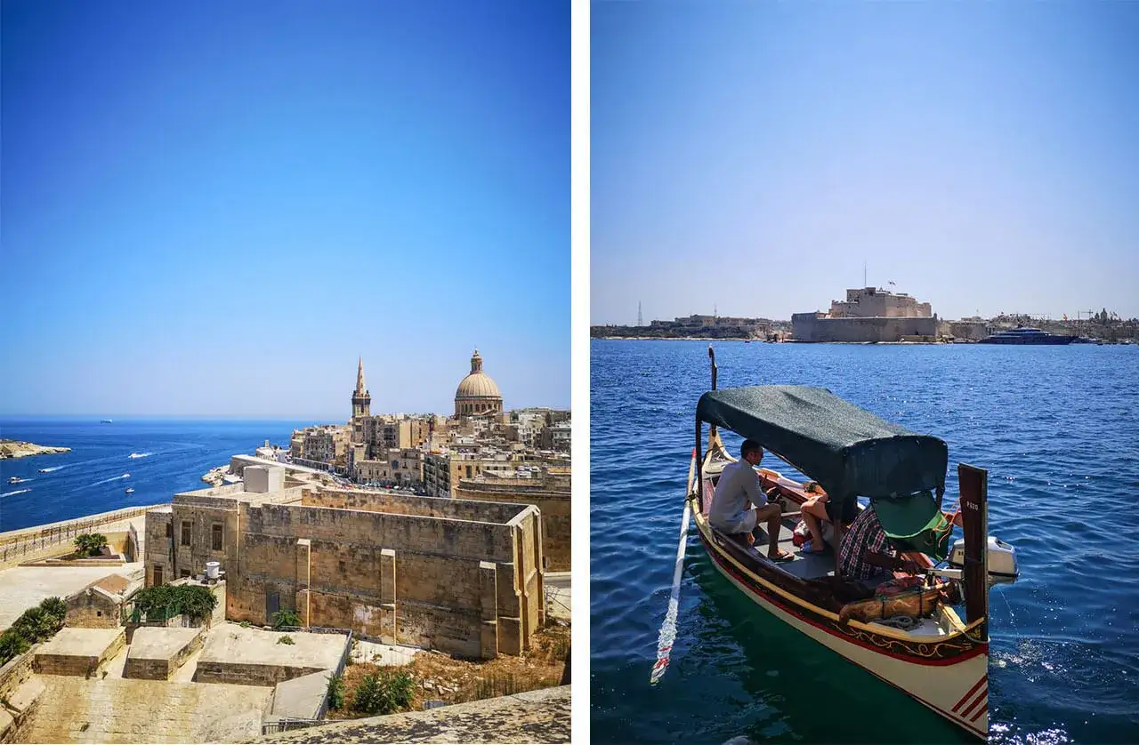 Widok na Vallettę i łódź na morzu. Czy na Malcie jest drogo? Zależy od stylu podróżowania, ale widoki są bezcenne.