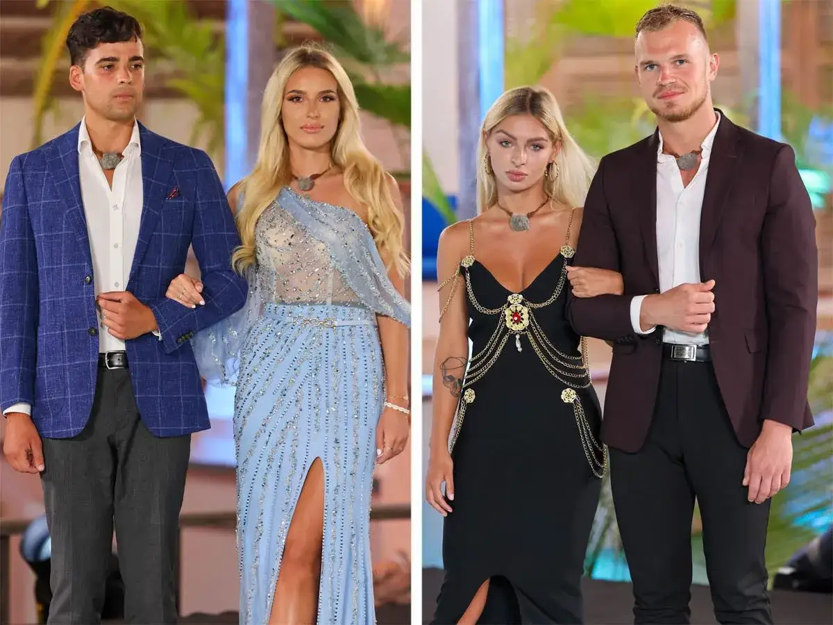 Para 5 Hotel Paradise: para elegancko ubranych uczestnik&oacute;w, mężczyzna w niebieskiej marynarce, kobieta w błękitnej sukni.