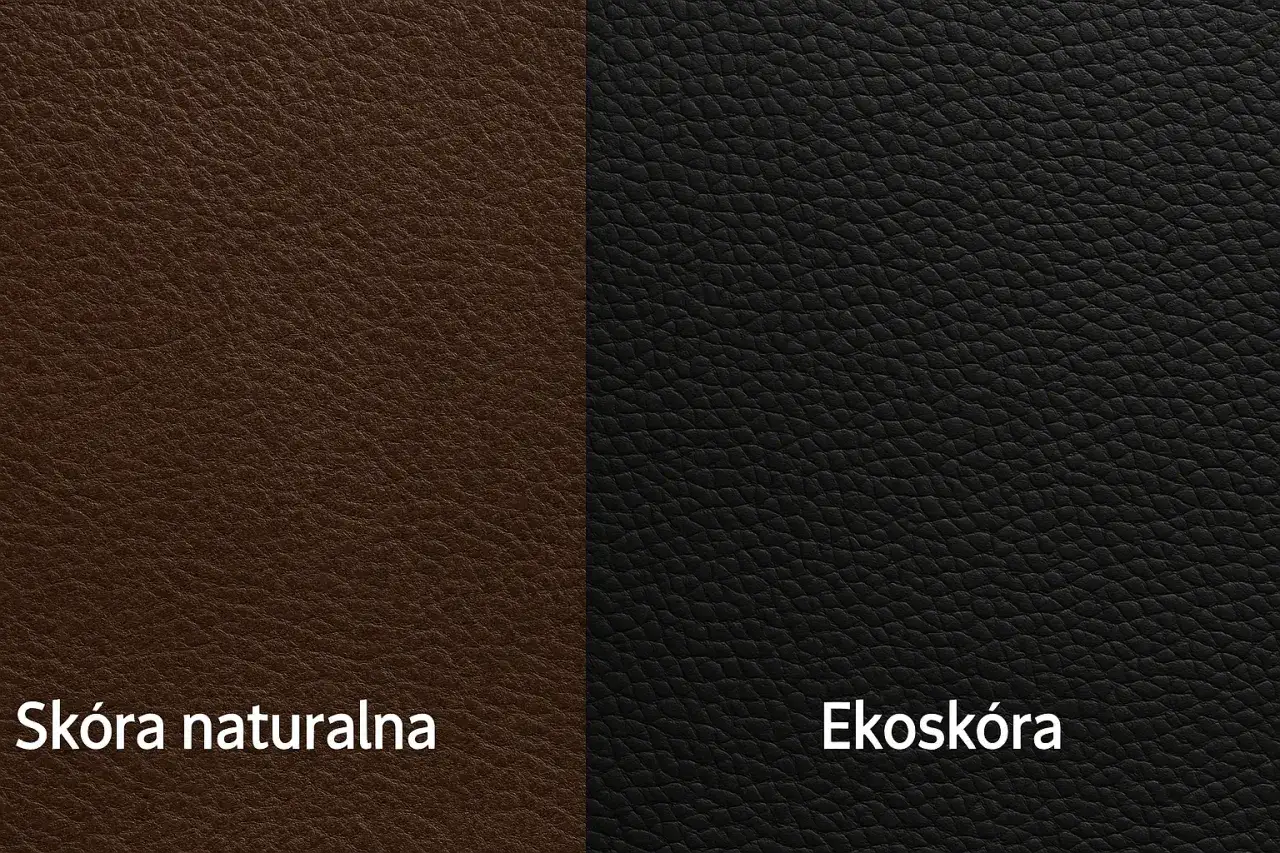Dwa rodzaje materiału: brązowa skóra naturalna i czarna ekoskóra, obie o wyraźnej fakturze.