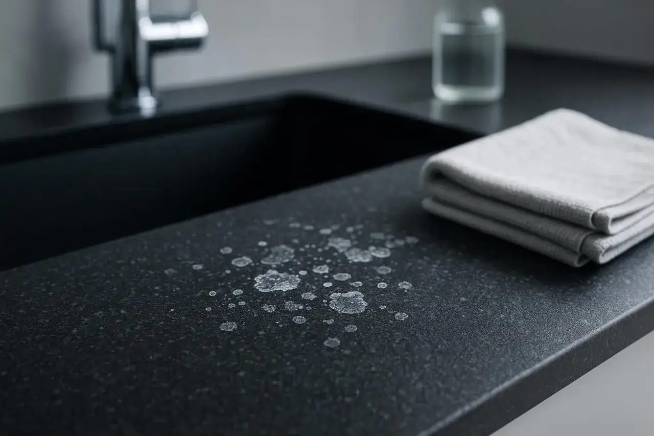 Czarny zlew z osadem z kamienia