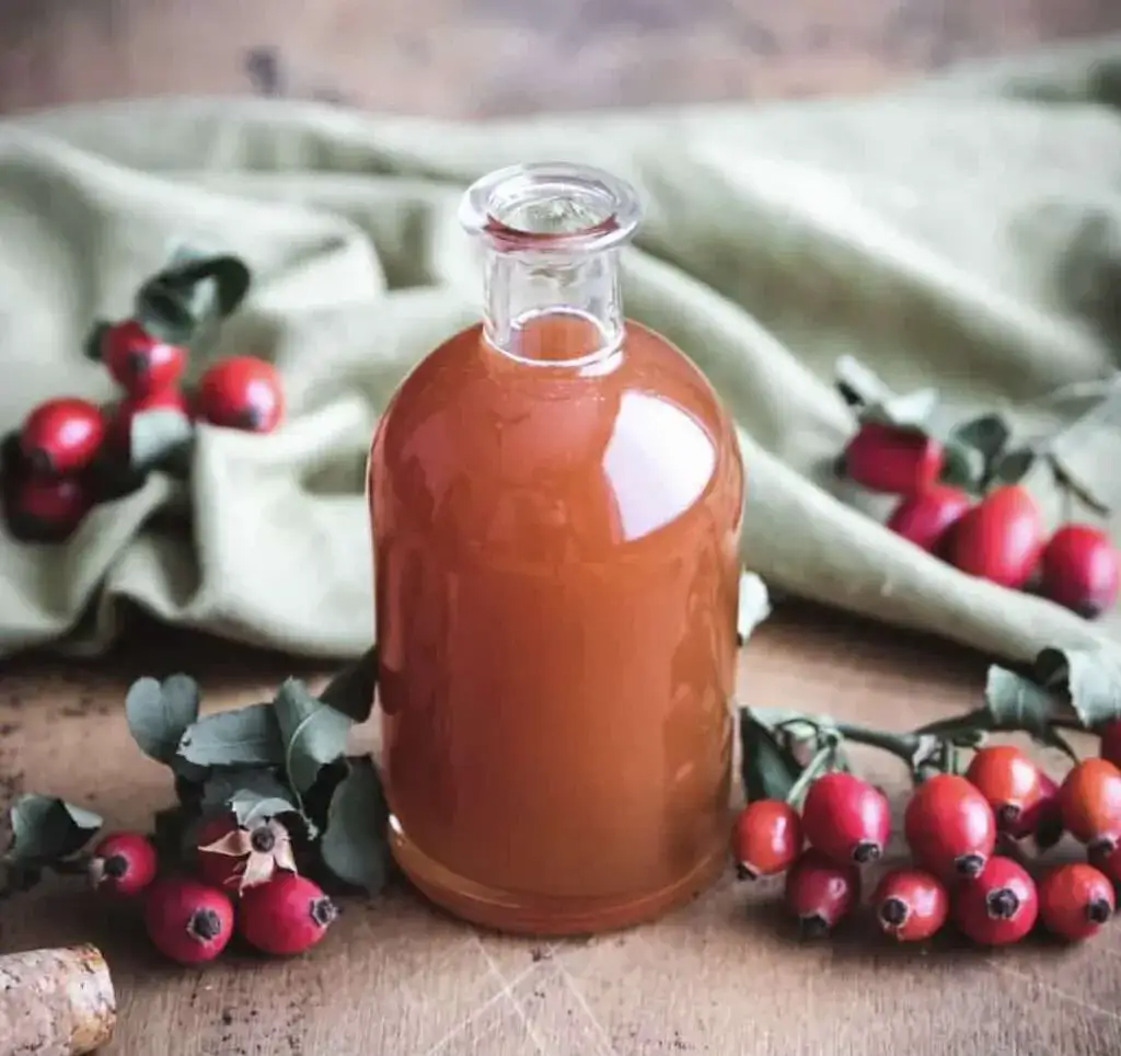 Sok z dzikiej r&oacute;ży w szklance z owocami