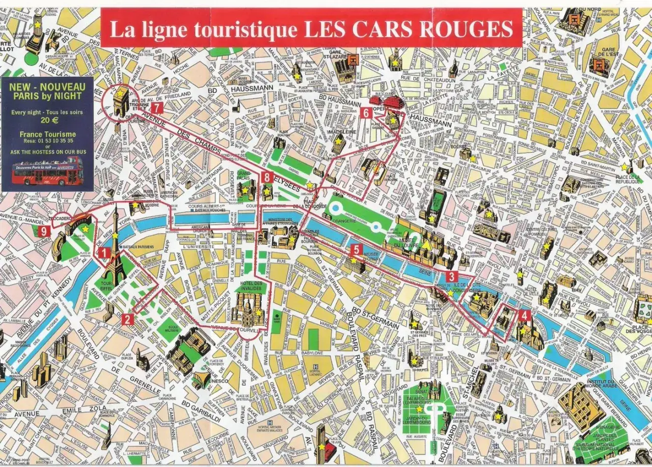 Mapa dzielnic Paryża z zaznaczonymi atrakcjami