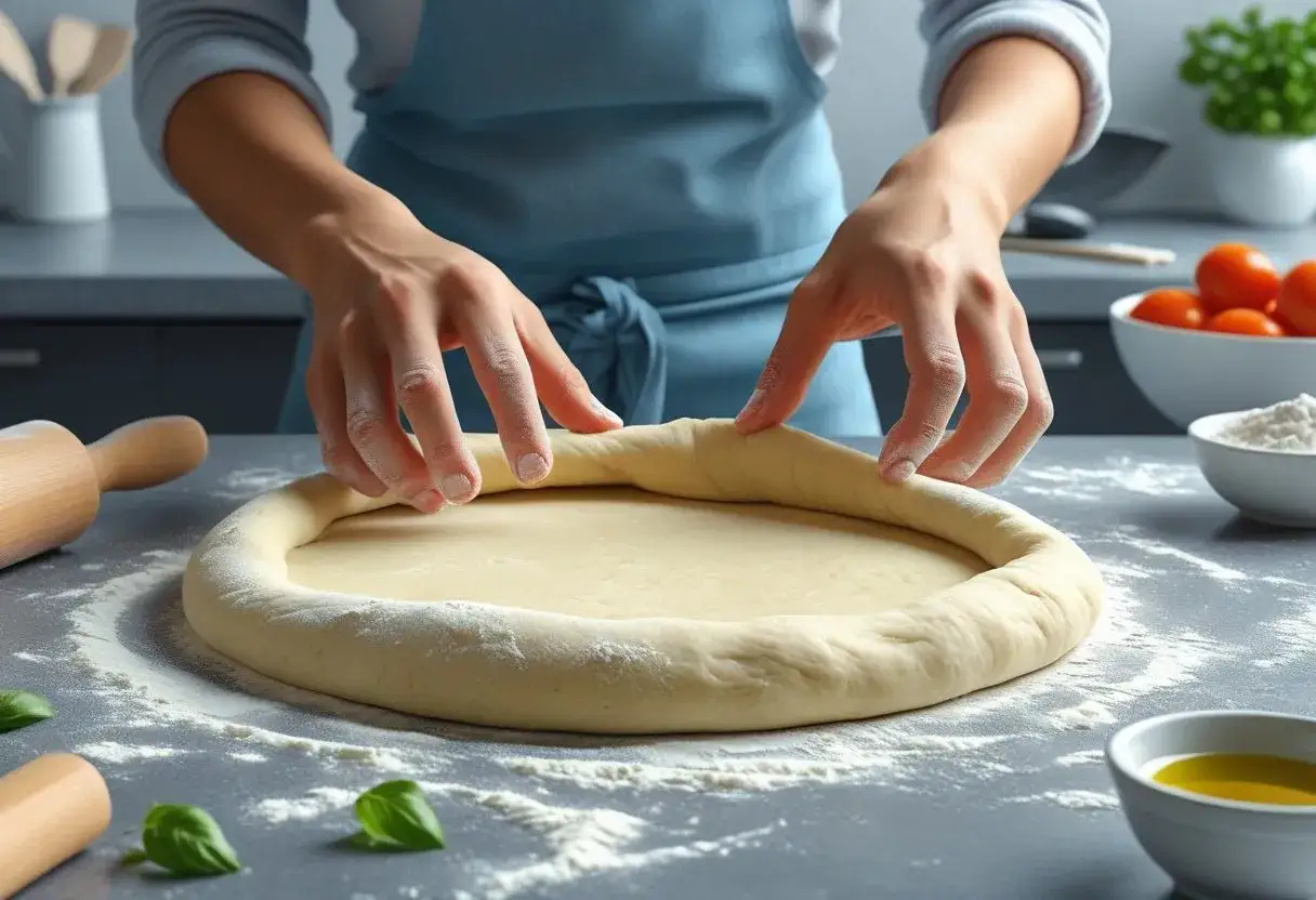 Ręce formują ciasto na pizzę, tworząc brzegi. Takie ciasto na pizzę można zrobić dzień wcześniej, by zaoszczędzić czas.