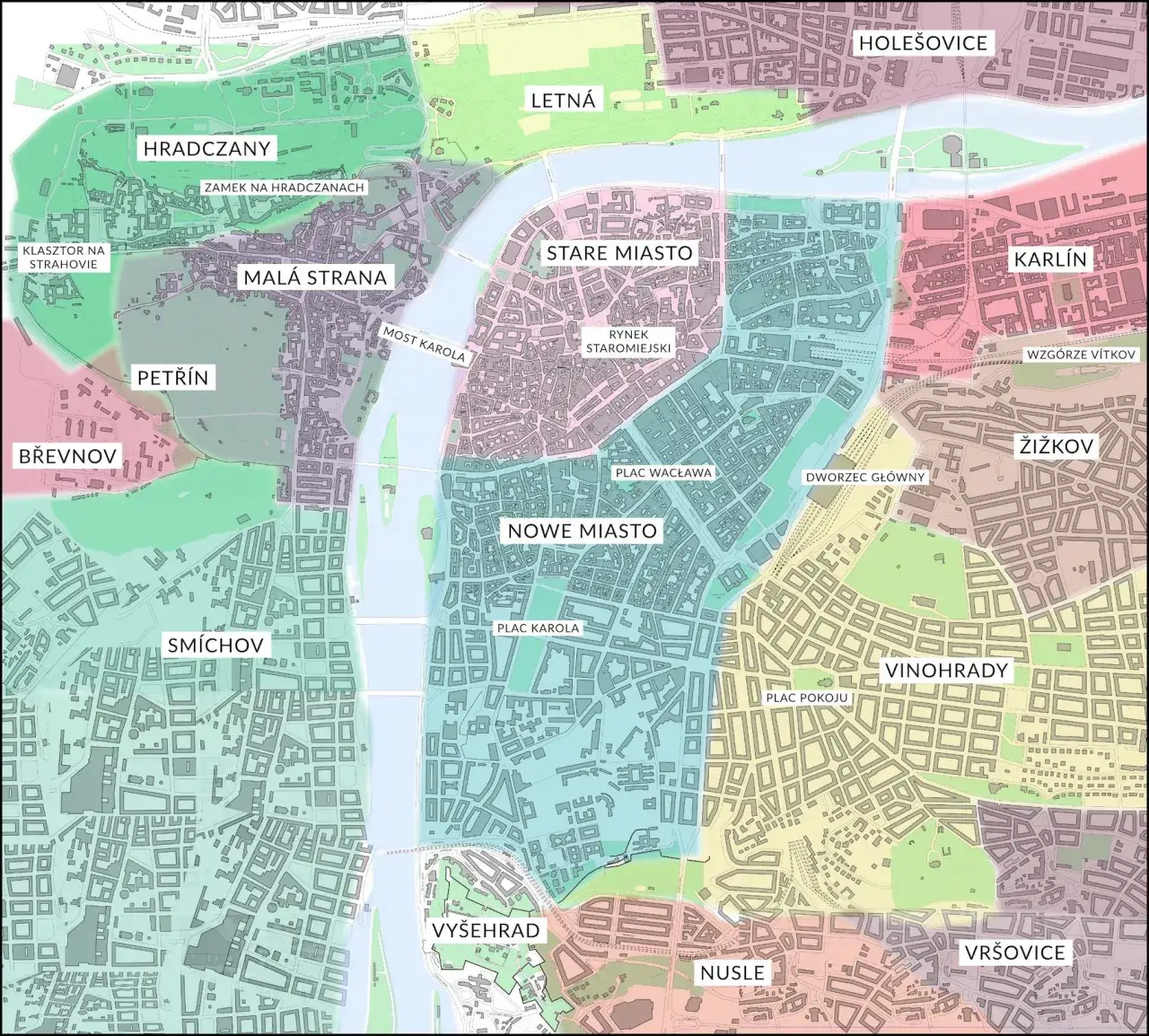 mapa dzielnic Pragi noclegi