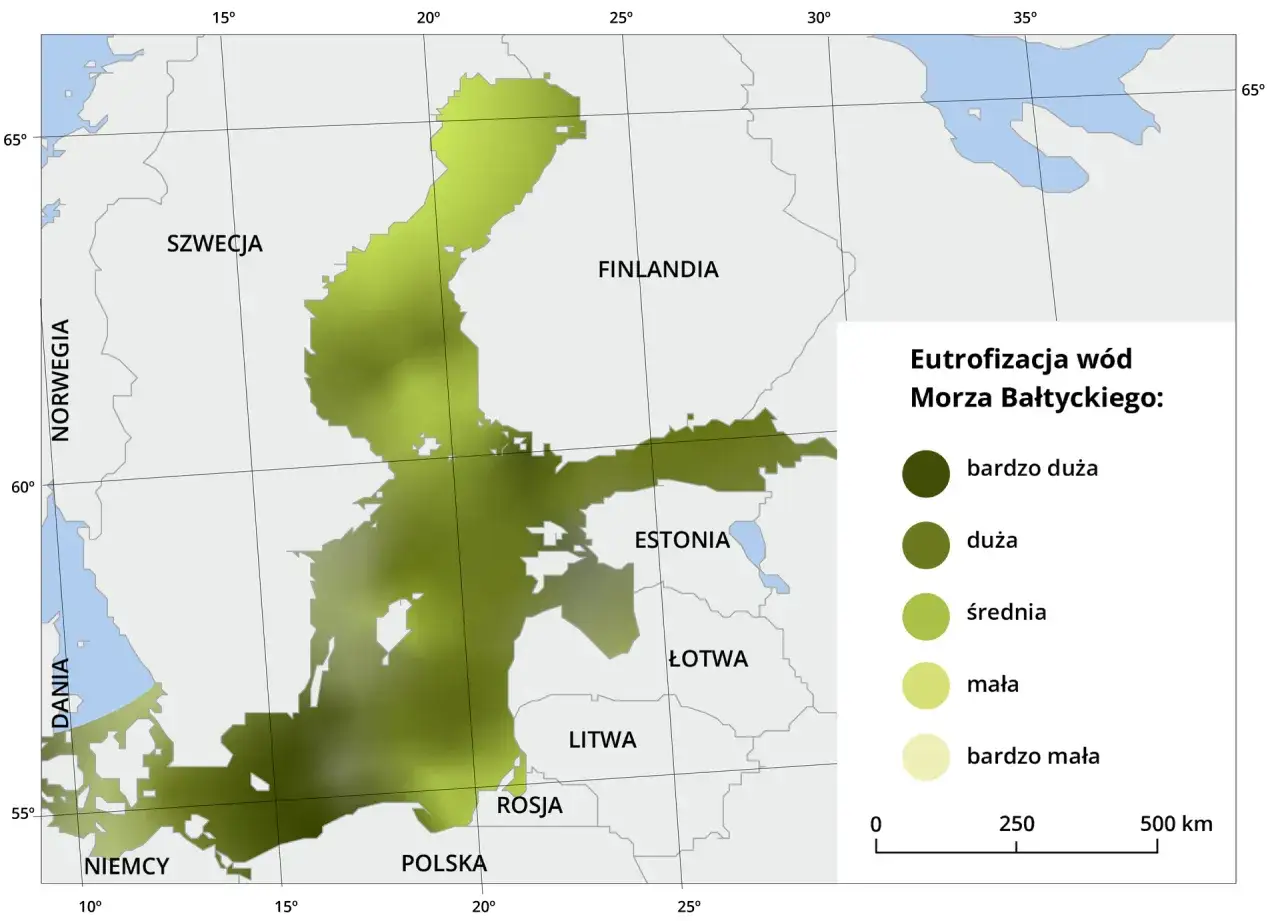 Mapa zlewiska Morza Bałtyckiego z zaznaczoną eutrofizacją wód. Największe zanieczyszczenie występuje wzdłuż wybrzeży Polski i krajów bałtyckich.