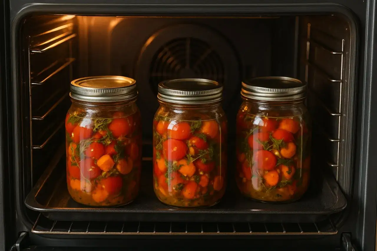 Trzy słoiki z pomidorkami koktajlowymi i ziołami w piekarniku. Wekowanie w piekarniku to świetny sposób na zachowanie smaku lata.