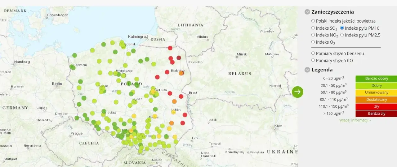 Mapa jakości powietrza Warszawa GIOŚ