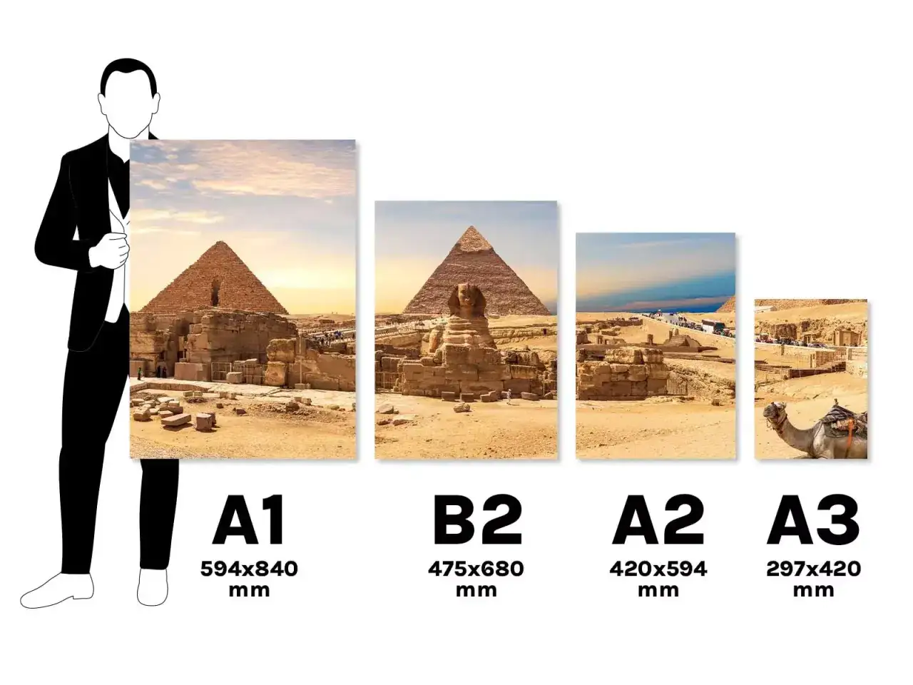 Por&oacute;wnanie rozmiar&oacute;w plakat&oacute;w: A1, B2, A2, A3. Widok na piramidy i Sfinksa w Gizie.