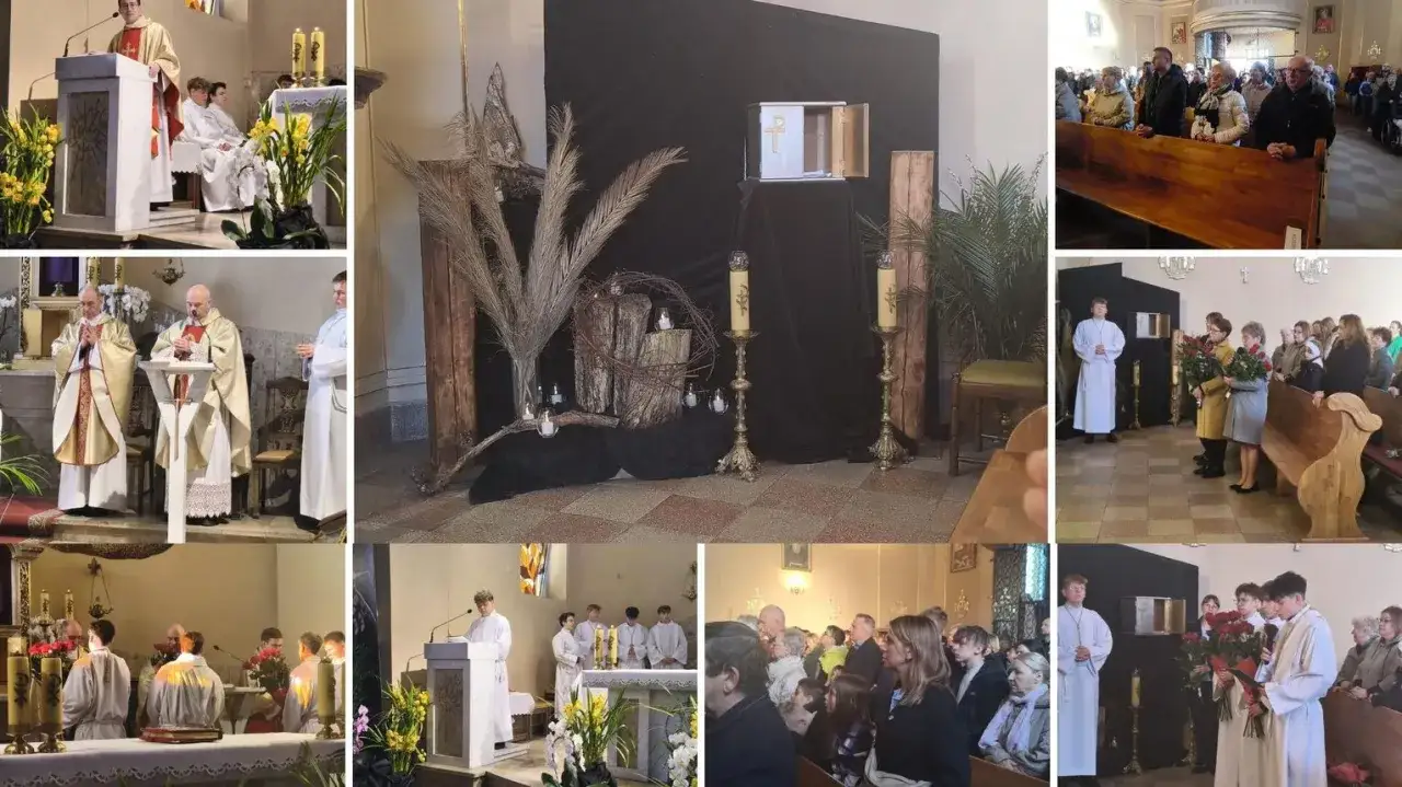 Uroczystości Wielkiego Czwartku w kościele: kapłani, ministranci i wierni. Scenografia z krzyżem i świecami.