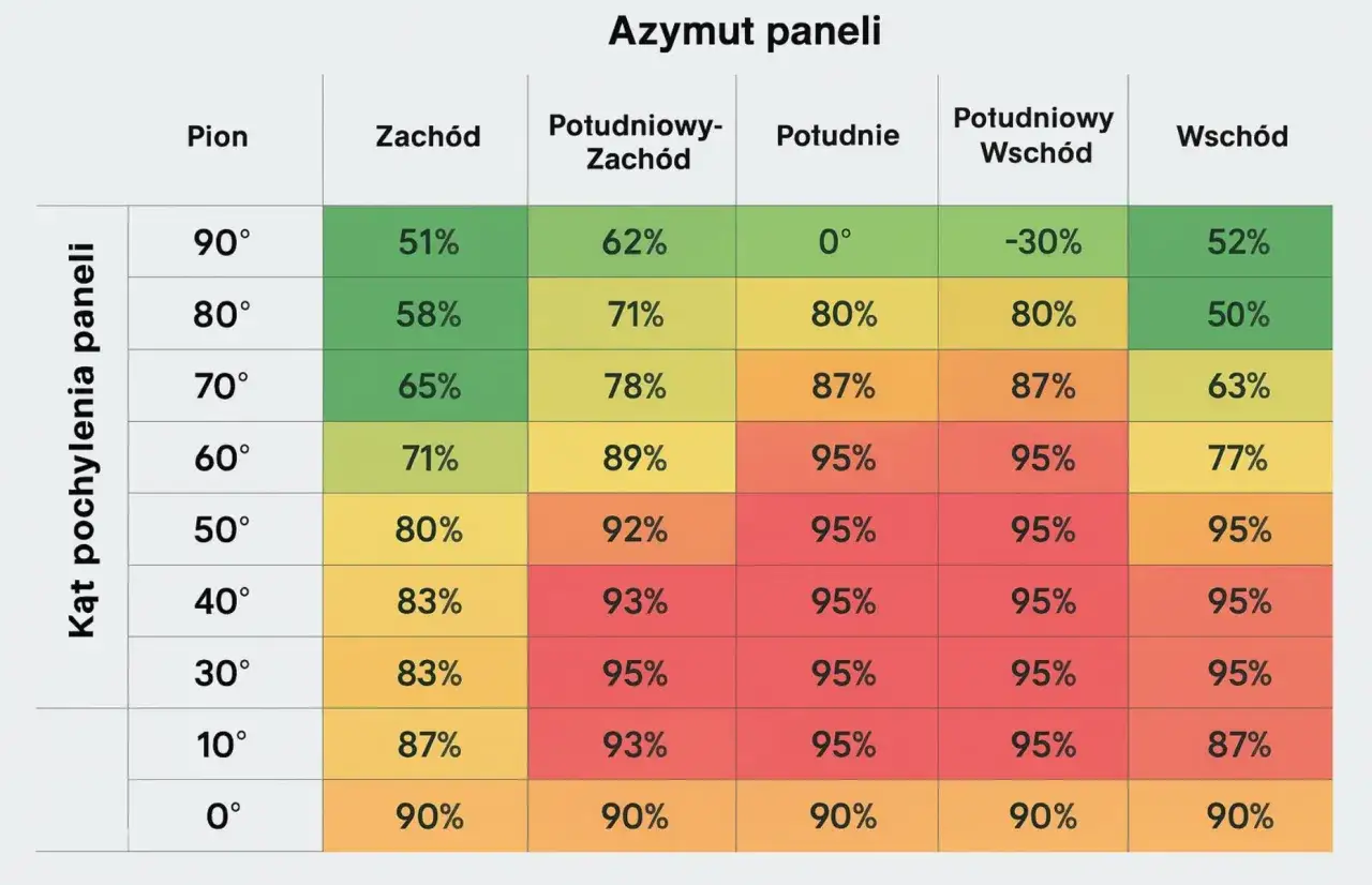 Tabela pokazuje, jak dobrać falownik, analizując kąt pochylenia paneli i ich azymut (kierunek).