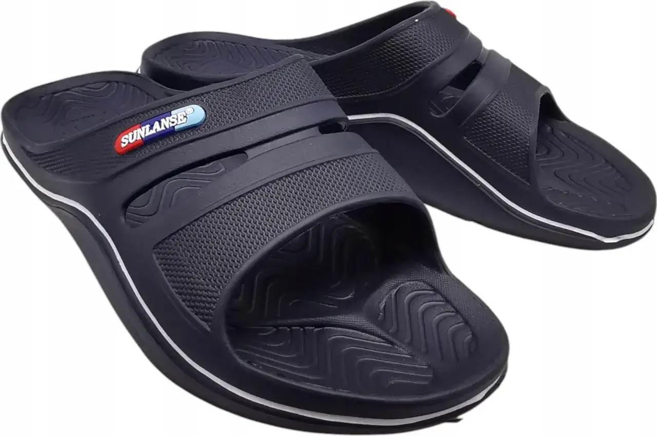 Ciemnogranatowe klapki męskie basenowe z logo SUNLANSE. Idealne na basen i plażę.