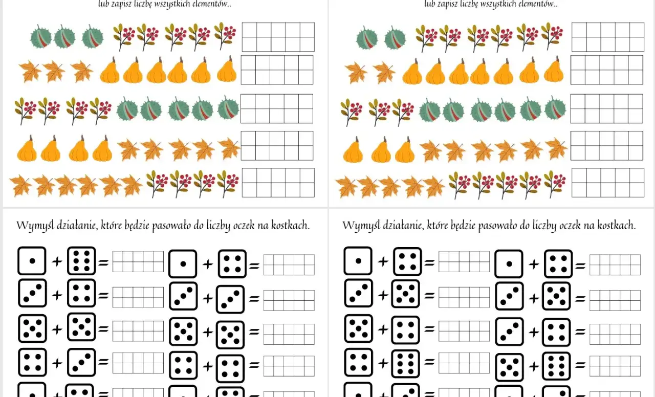 Jesienna rewalidacja karty pracy do druku: liczenie dyń, liści, kasztanów i tworzenie działań z kostkami.