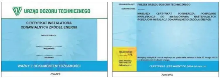 Certyfikat instalatora OZE UDT wz&oacute;r