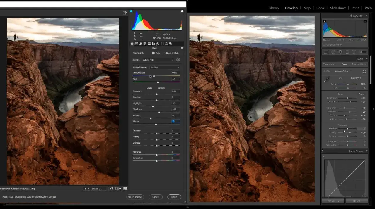 Kurs Lightroom: edycja zdjęcia kanionu z widocznym panelem korekty barw i ekspozycji.