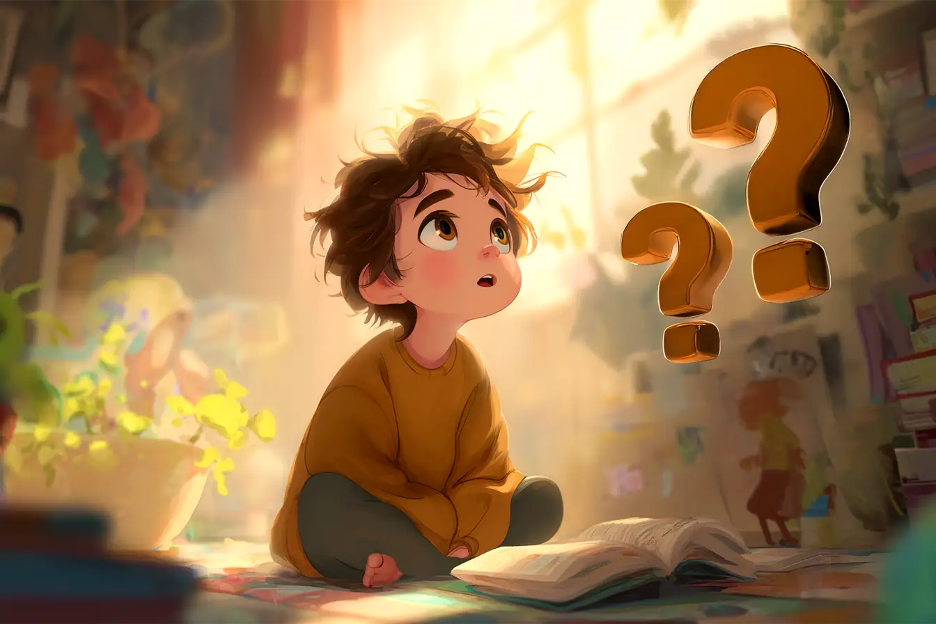 Chłopiec z pytaniami w oczach, jak wytłumaczyć 10 latkowi skąd się biorą dzieci. Złote znaki zapytania unoszą się nad otwartą książką.