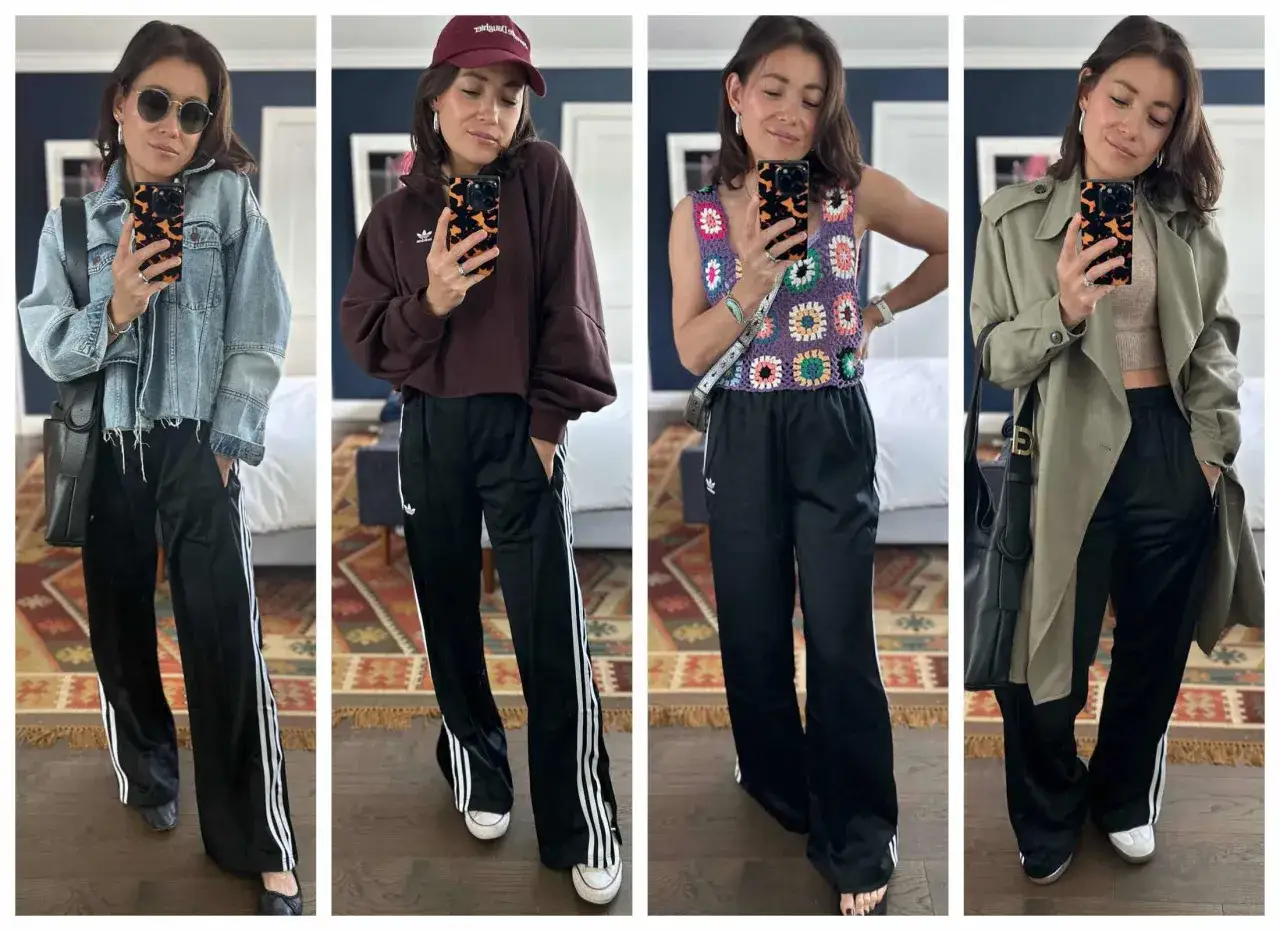 Cztery stylizacje z czarnymi spodniami slouchy z białymi paskami. Luźne spodnie pasują do jeansowej kurtki, bluzy, topu w stylu retro i płaszcza.