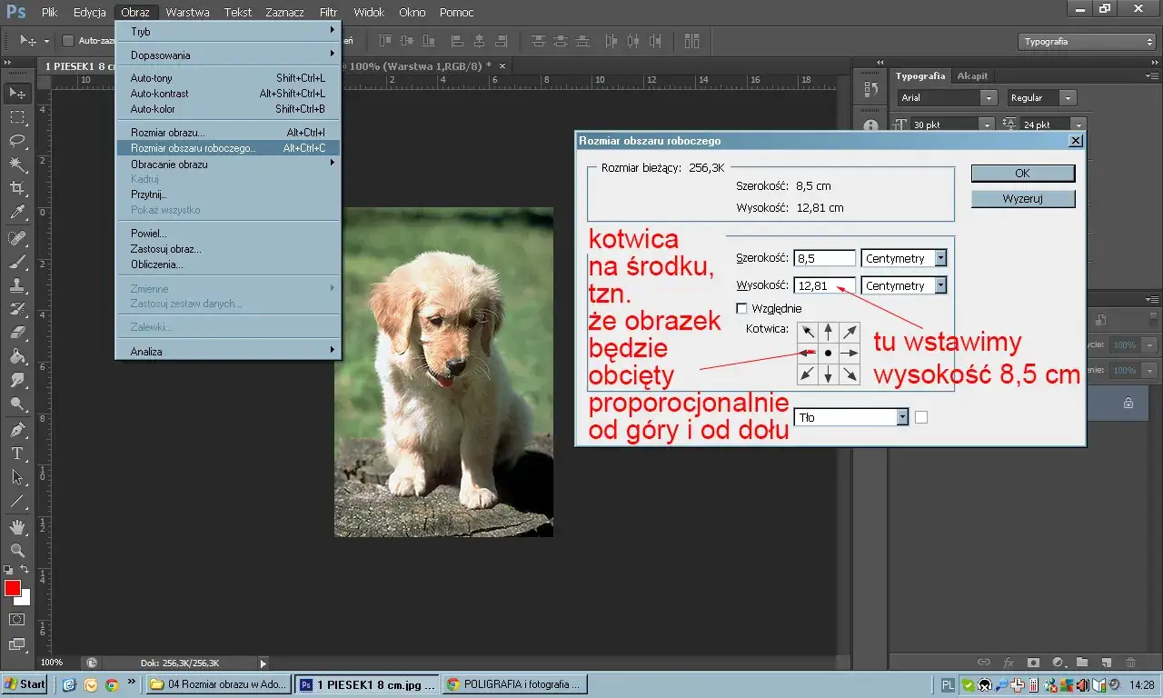 Adobe Photoshop rozmiar obszaru roboczego spad