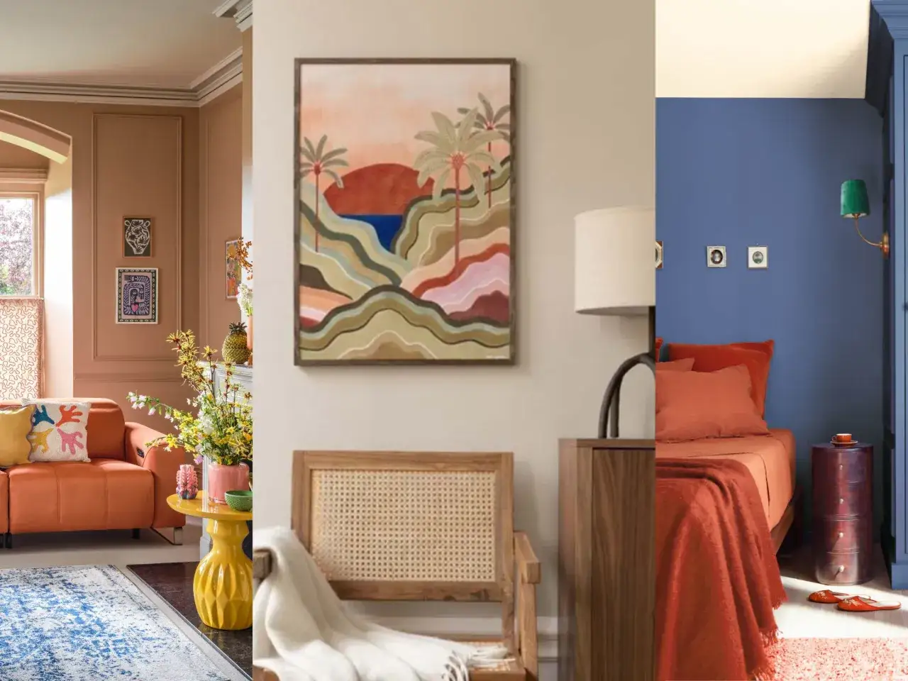 Inspiracje jak pomalować pok&oacute;j: salon z pomarańczową kanapą, sypialnia z niebieskimi ścianami i ł&oacute;żkiem w kolorze cegły, oraz stylowy kącik z obrazem.