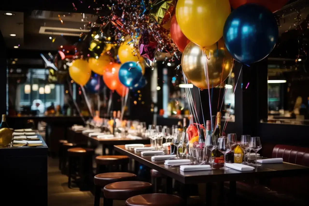 Kolorowe balony i konfetti nad stołami w restauracji. Zastanawiasz się, ile kosztuje impreza na 40 osób?
