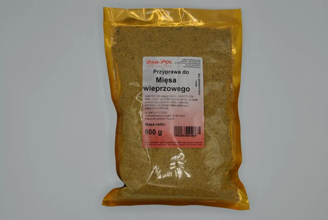 Mieszanka przypraw do mięsa wieprzowego: s&oacute;l, pieprz, gorczyca, cukier, czosnek, cebula, kminek, kolendra, imbir, kurkuma, kardamon, gałka muszkatołowa. Idealne jakie przyprawy do sosu z mięsa wieprzowego.