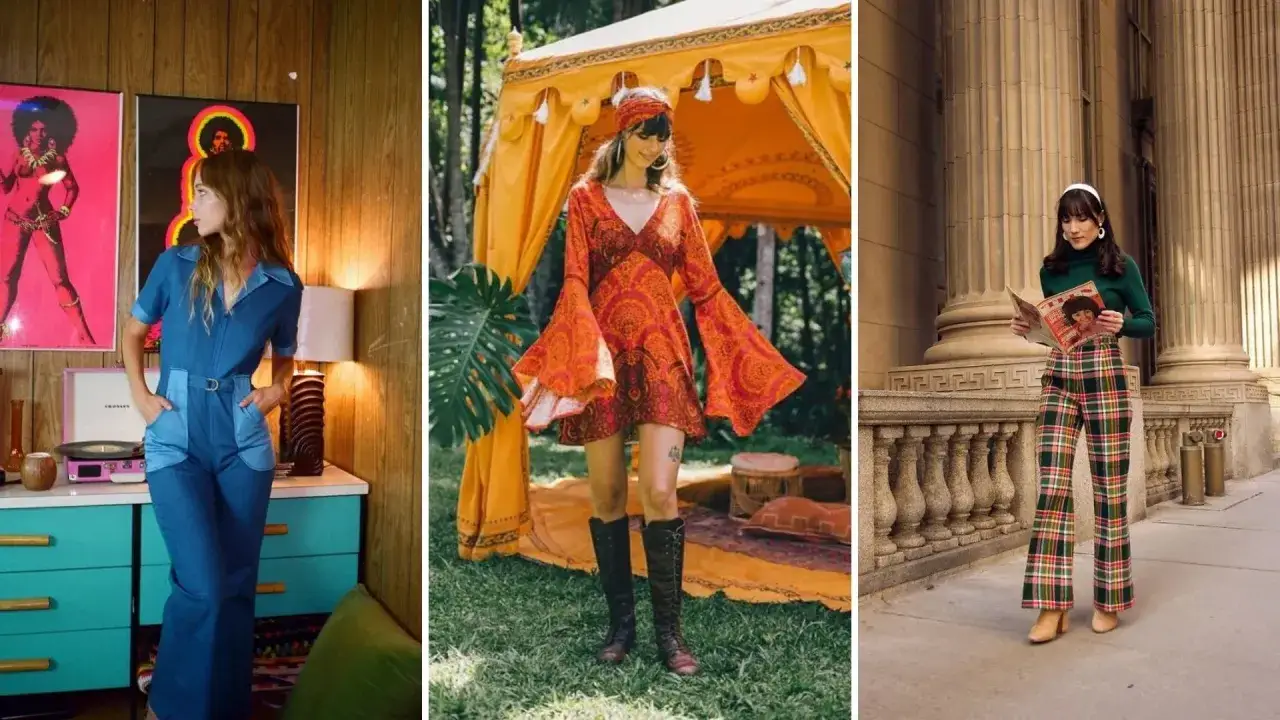 Trzy kobiety w stylizacjach inspirowanych modą lat 70.: w dżinsowym kombinezonie, pomarańczowej sukience z dzwonowymi rękawami i w kraciastych dzwonach.