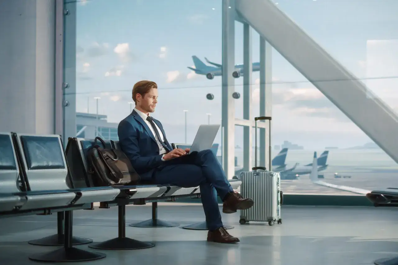 Delegacja zagraniczna, podr&oacute;ż służbowa, mapa świata, biznesmen na lotnisku