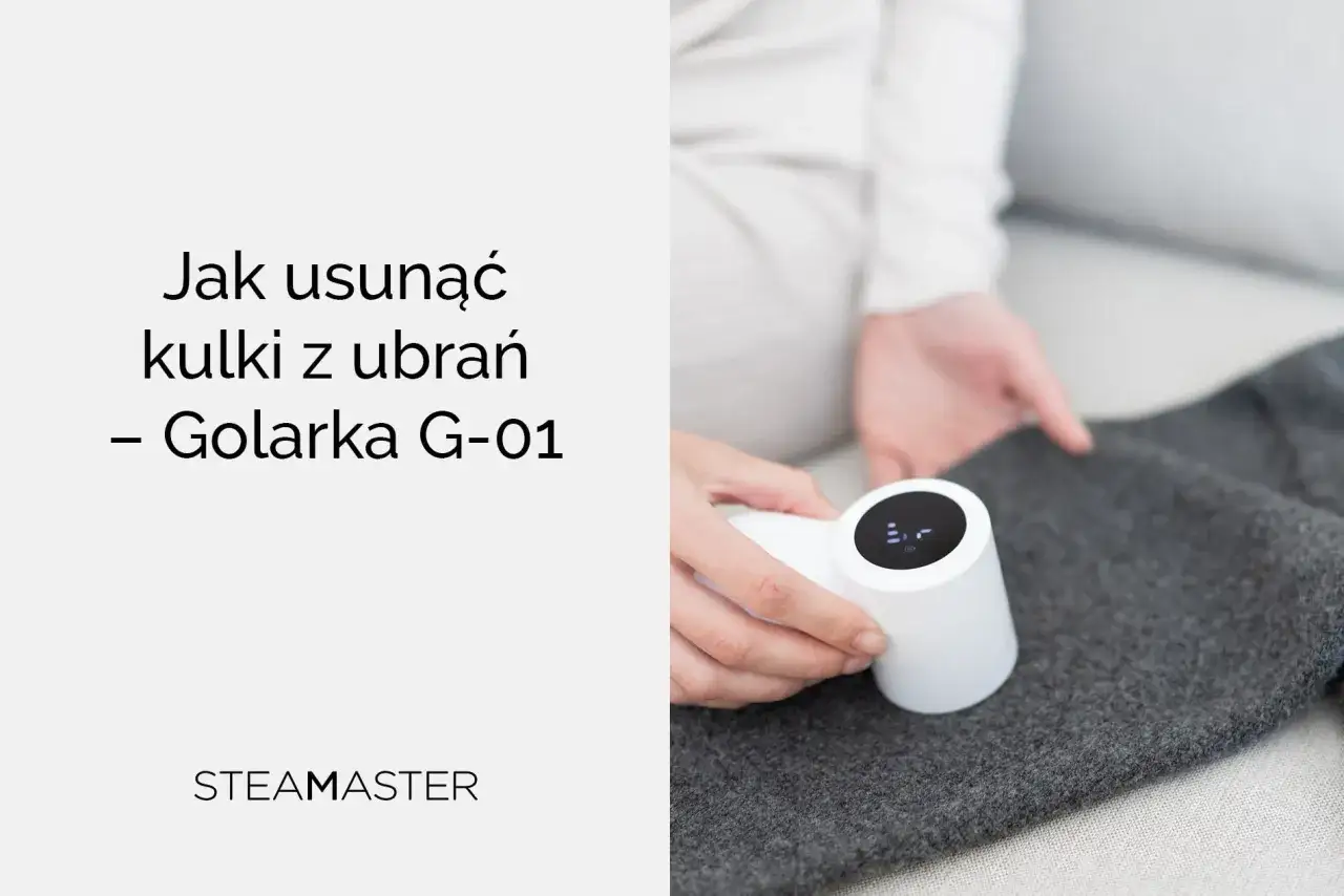 Dłonie trzymają białą golarkę do ubrań, która usuwa kulki z szarego swetra. Dowiedz się, dlaczego swetry się mechacą i jak temu zaradzić.