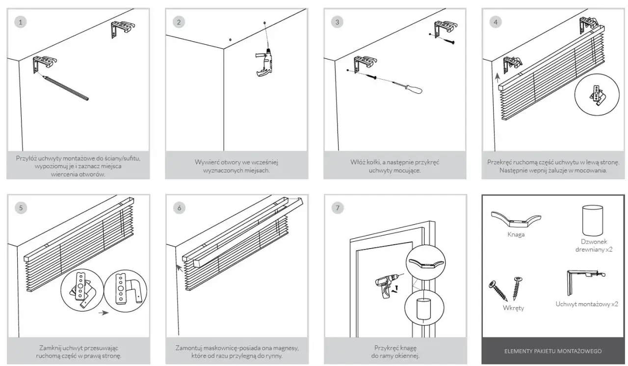 Instrukcja jak zrobić mechanizm żaluzji drewnianych: montaż uchwytów, wiercenie, przykręcanie, wpinanie żaluzji i maskownicy.