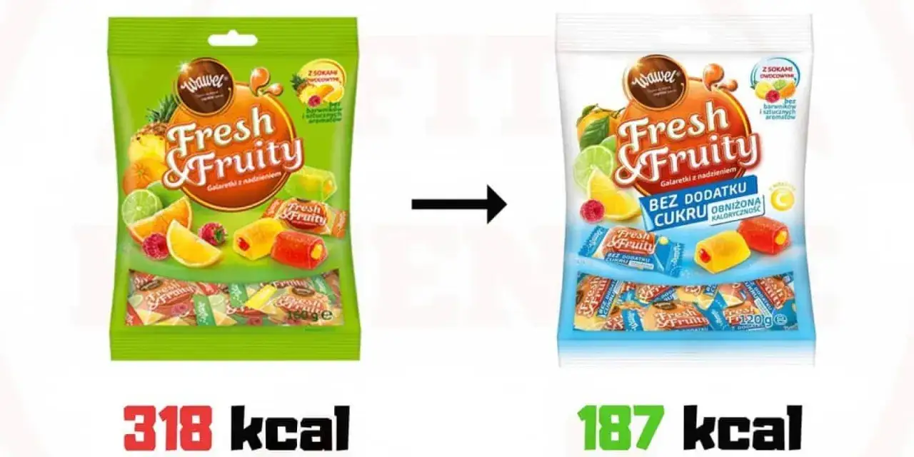 Porównanie opakowań galaretek Fresh&Fruity: tradycyjne (318 kcal) i bez dodatku cukru (187 kcal). Dowiedz się, jak liczyć kalorie z galaretki.